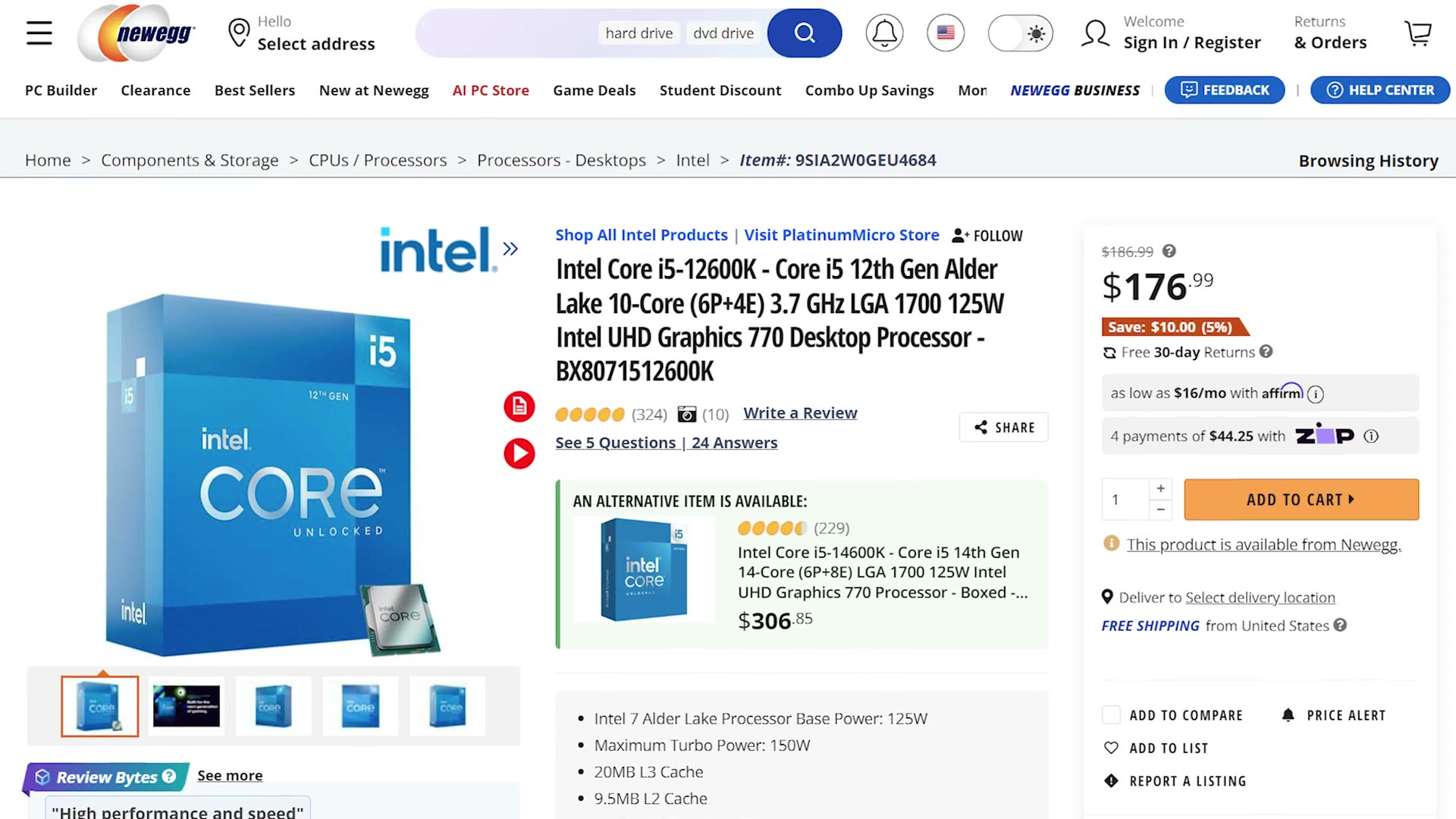 Intel Core i5-12600K processor listing