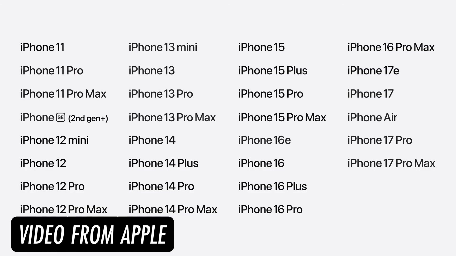 Apple compatibility slide listing supported iPhones from the iPhone 11 through the iPhone 17 Pro Max