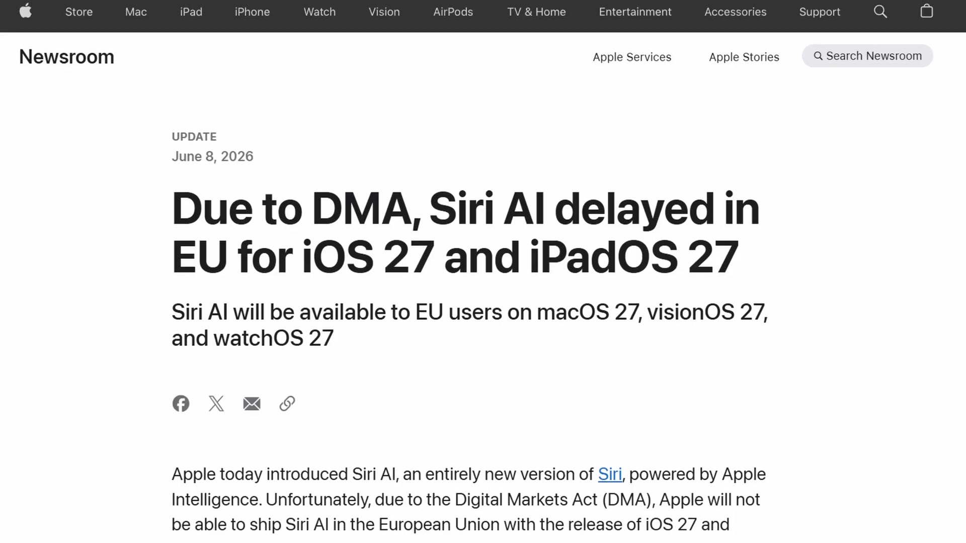 Apple Newsroom update headlined Due to DMA, Siri AI delayed in EU for iOS 27 and iPadOS 27