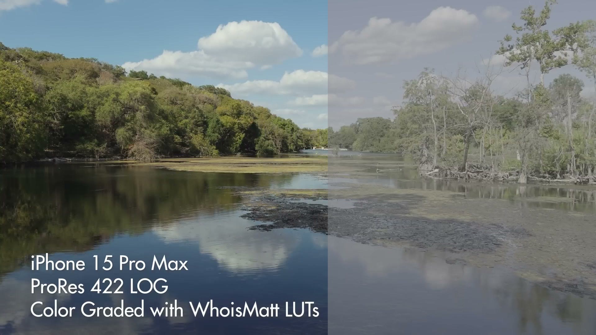 A split comparison frame labelled iPhone 15 Pro Max ProRes 422 LOG colour graded with WhoisMatt LUTs