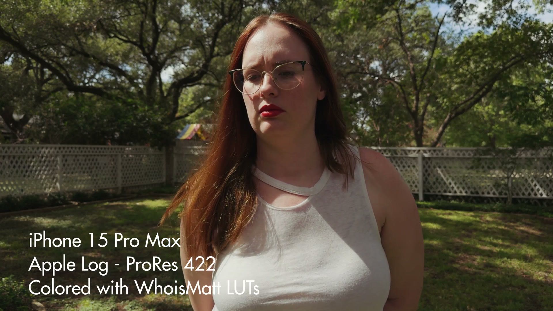 Graded sample footage of a woman outdoors, shot on iPhone 15 Pro Max in Apple Log ProRes 422