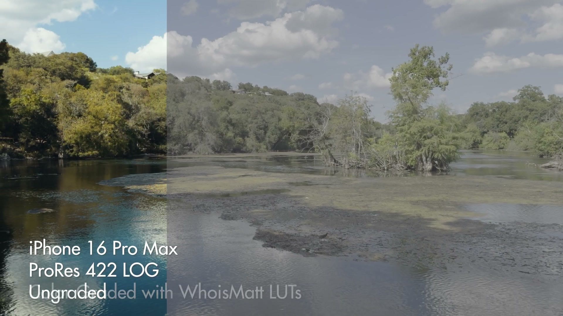 Split screen of iPhone 16 Pro Max ProRes 422 LOG footage, ungraded on the left and graded on the right