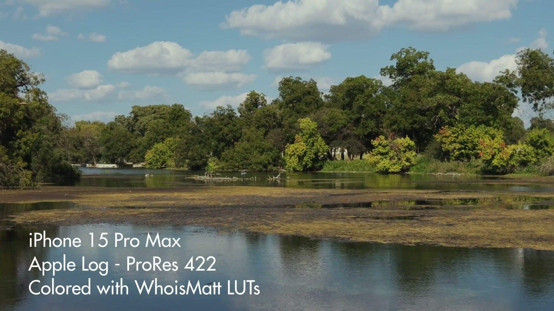 Graded footage of a lake and treeline shot on iPhone 15 Pro Max in Apple Log