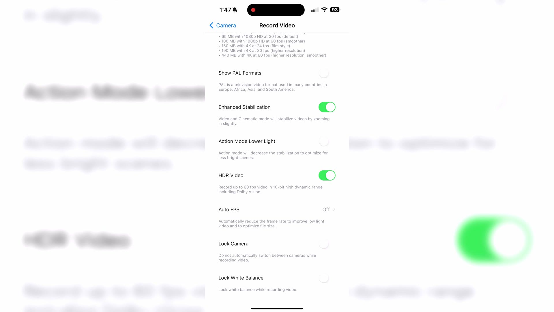 The iPhone Record Video settings with Lock White Balance enabled