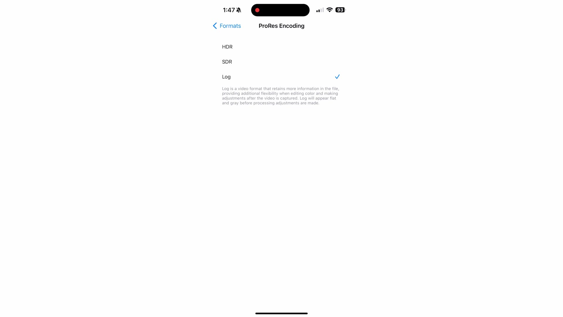 The iPhone ProRes Encoding setting being changed to Log