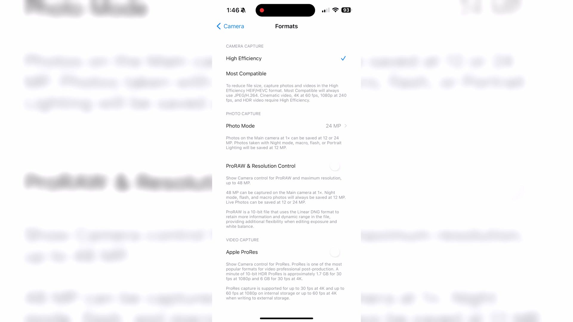 The iPhone Settings app open to Camera and Formats