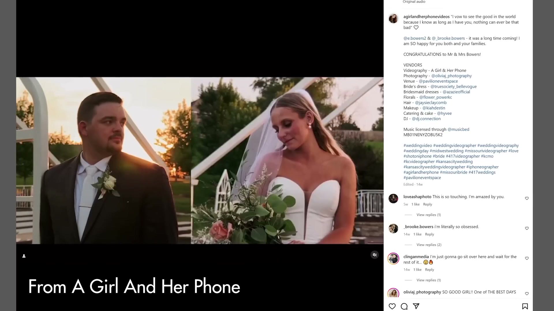 A wedding clip credited to A Girl And Her Phone showing a bride and groom at golden hour