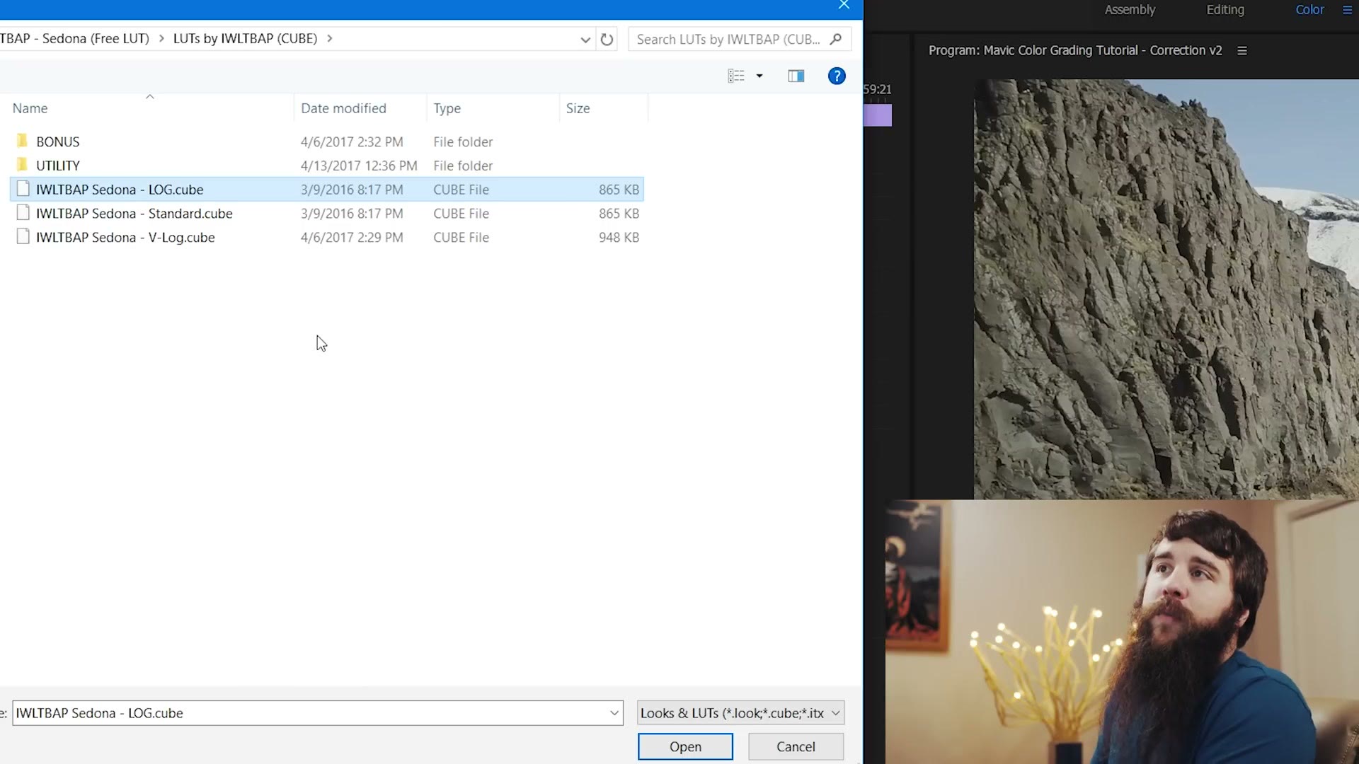 Windows file browser inside Premiere Pro showing the LUTs by IWLTBAP CUBE folder with IWLTBAP Sedona - LOG.cube selected alongside the Standard and V-Log versions