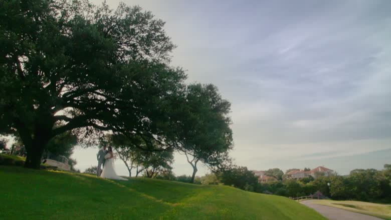 The bride and groom standing small and distant beneath an enormous live oak on a green slope, with Hill Country ridges beyond