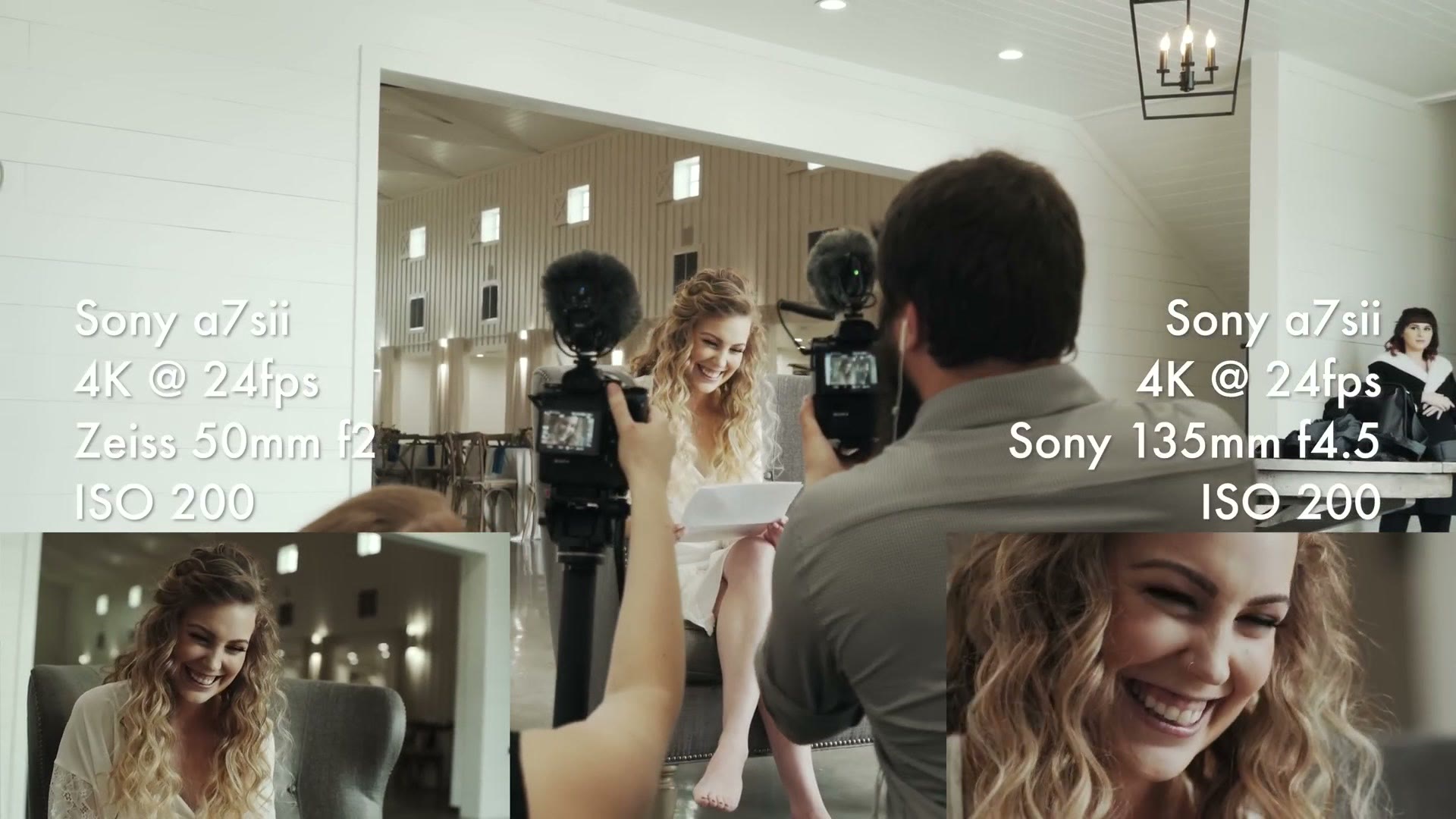 Two Sony a7S II cameras pointed at the bride as she reads her letter, with on-screen text reading Sony a7sii 4K at 24fps Zeiss 50mm f2 ISO 200 on the left and Sony a7sii 4K at 24fps Sony 135mm f4.5 ISO 200 on the right.