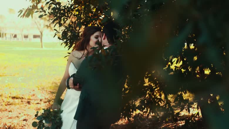 The bride and groom holding each other under a tree with low golden light coming through the leaves behind them