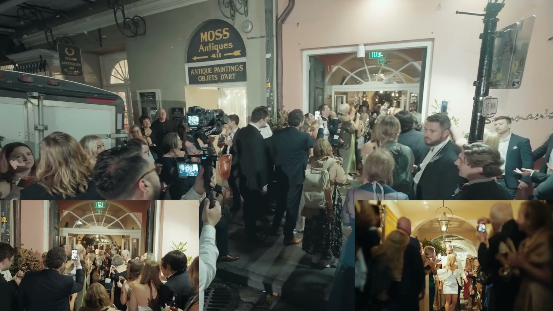 Wedding guests lining a New Orleans sidewalk for the couple's exit