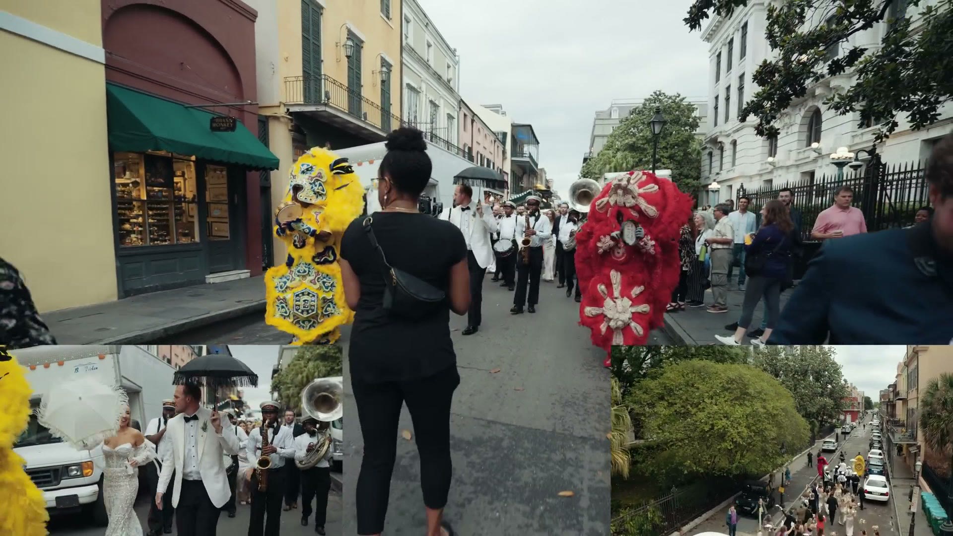 A New Orleans second line parade with a brass band leading the wedding party