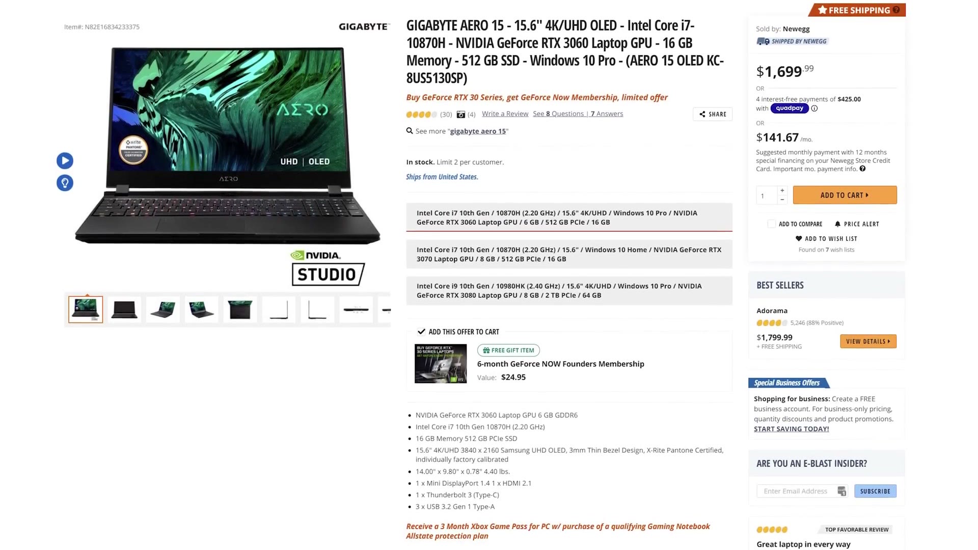 Newegg listing for the Gigabyte Aero 15 with a 15.6 inch 4K UHD OLED screen, Intel Core i7-10870H and RTX 3060, priced at $1,699.99