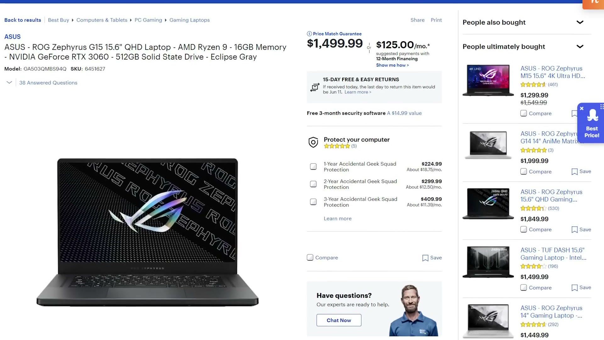 Best Buy listing for the ASUS ROG Zephyrus G15 15.6 inch QHD laptop with AMD Ryzen 9, 16GB memory, RTX 3060 and a 512GB SSD, priced at $1,499.99
