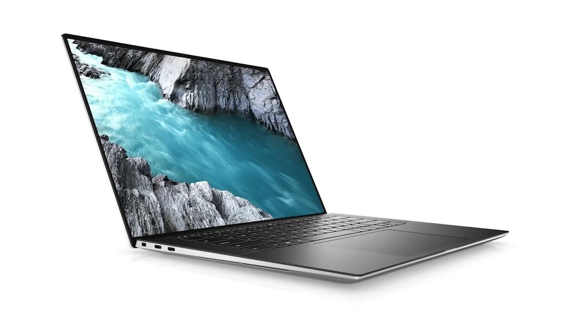 Dell XPS 15 laptop shown open at an angle with a landscape photo on the screen