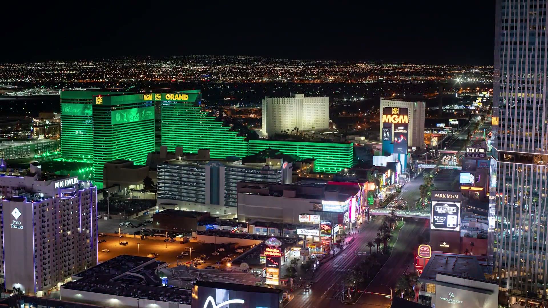 Aerial night view of the Las Vegas strip