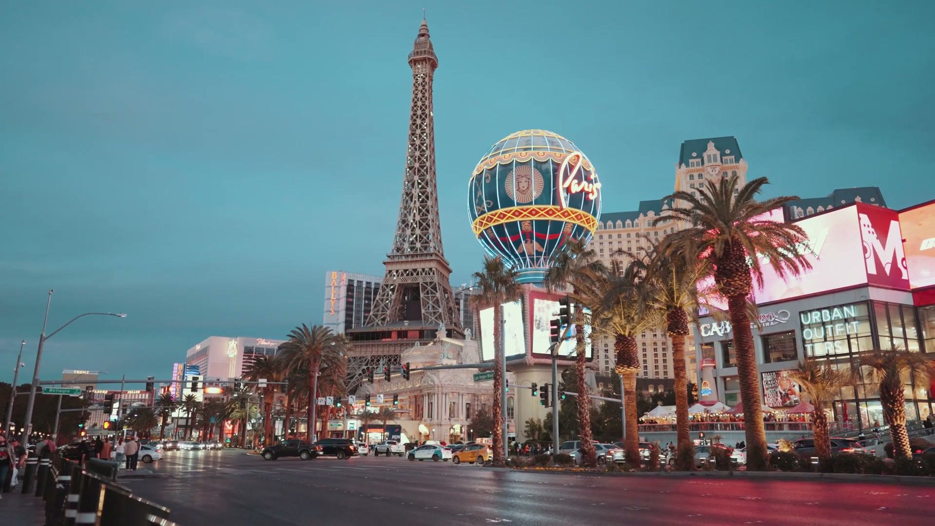 Slow motion clip of the Las Vegas strip with the Paris hotel Eiffel Tower