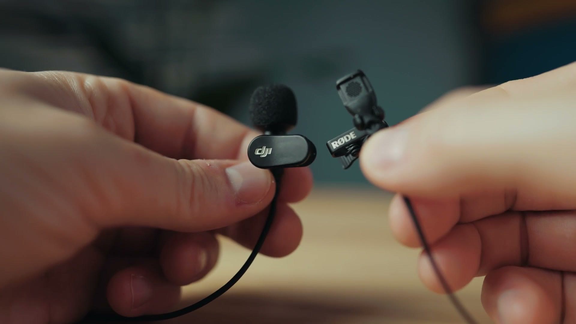 The DJI and Rode lavalier microphone clips side by side showing both brand logos