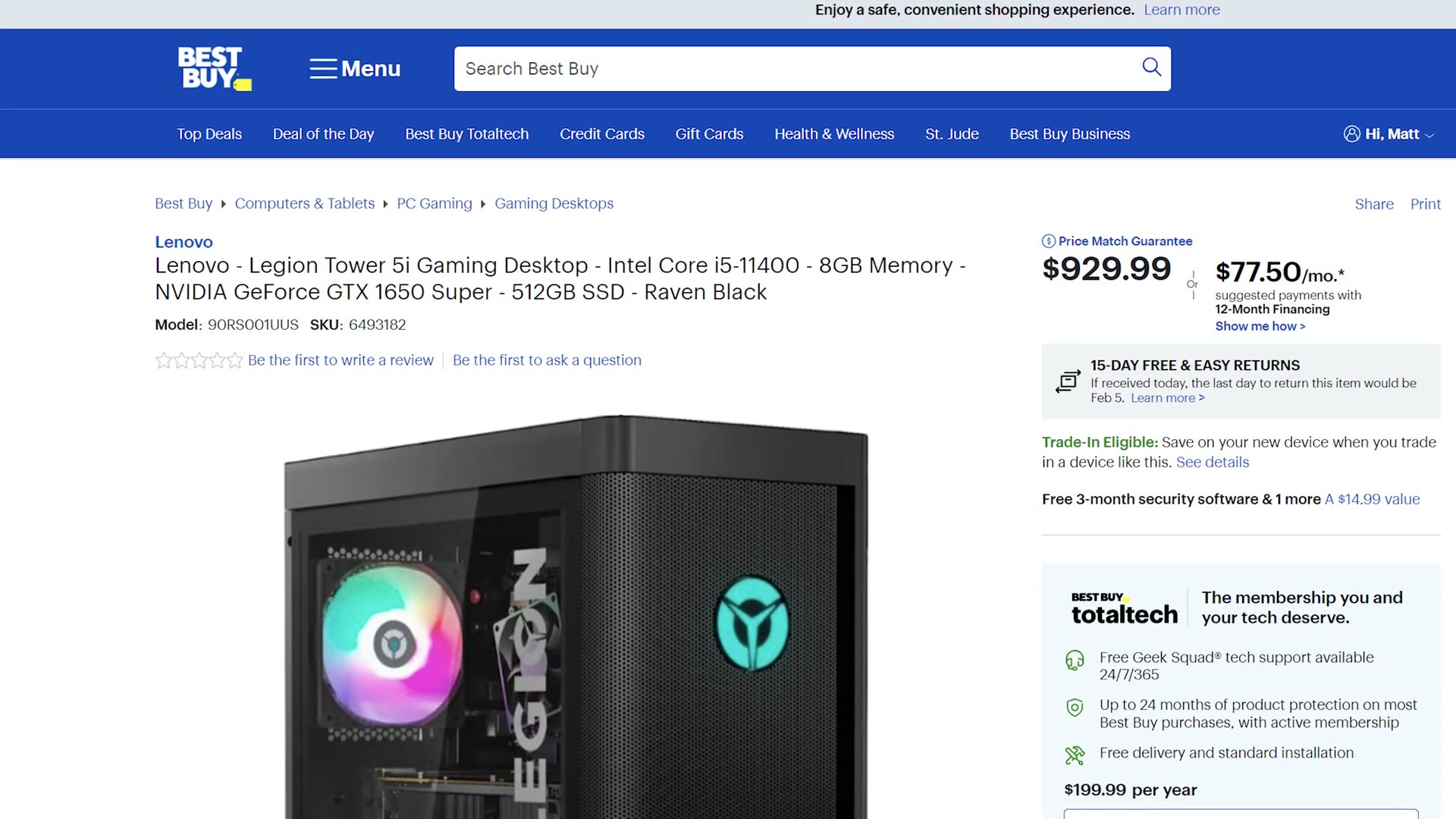 Lenovo Legion Tower 5i listed at Best Buy