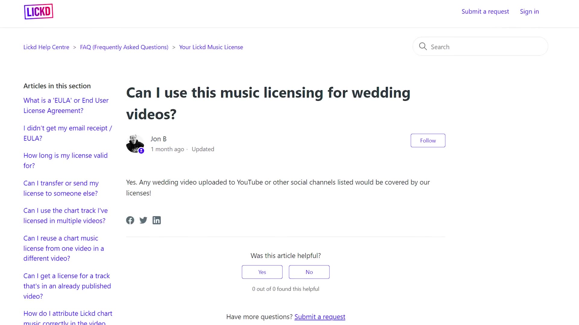 Lickd FAQ page answering whether the music licensing can be used for wedding videos