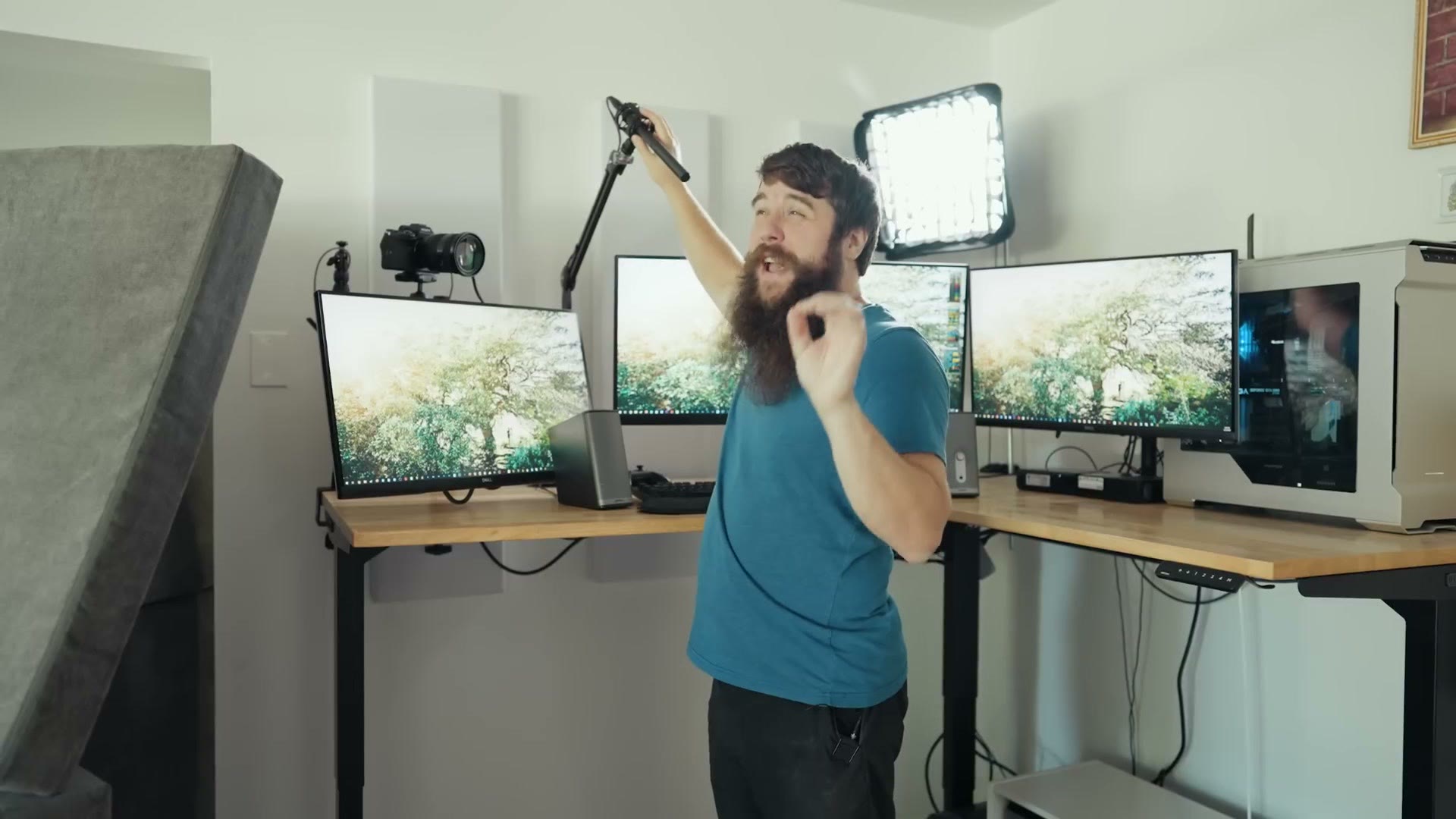Light clamped to the desk on a C-stand arm