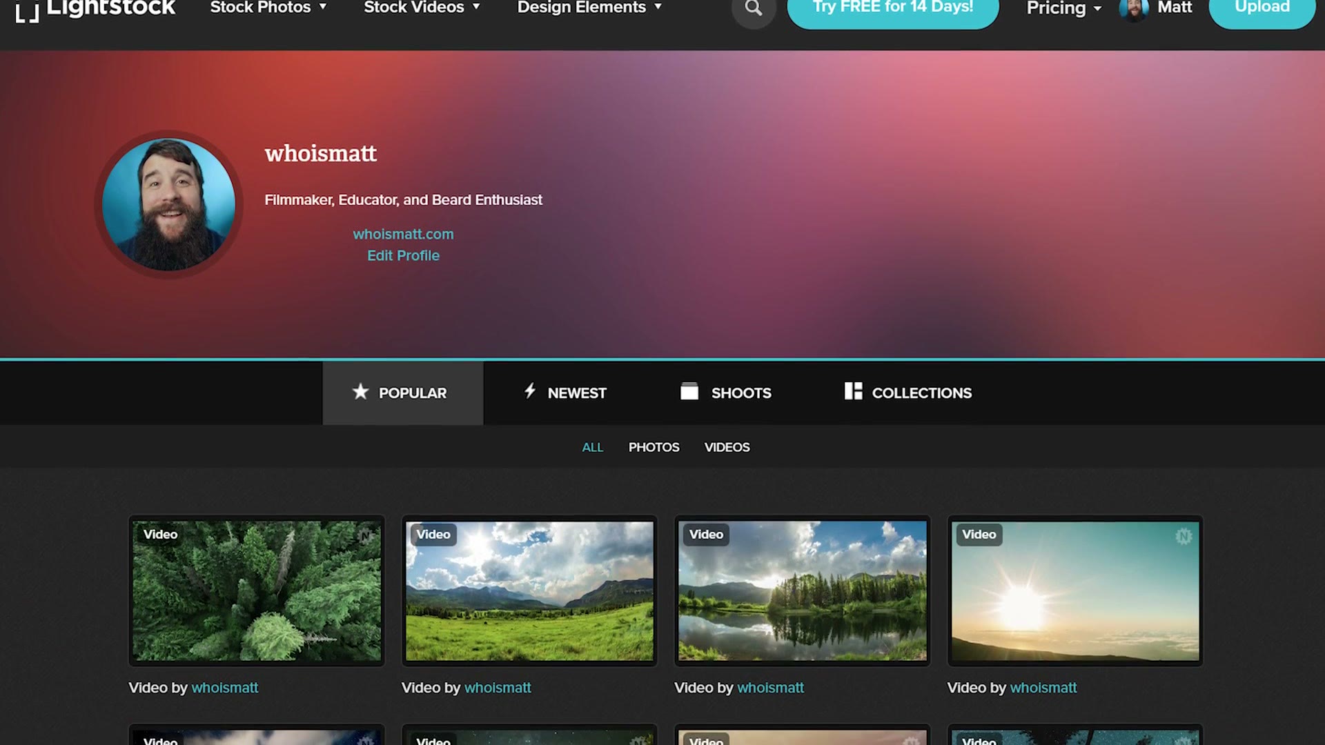 The Lightstock contributor profile page for whoismatt showing uploaded video thumbnails
