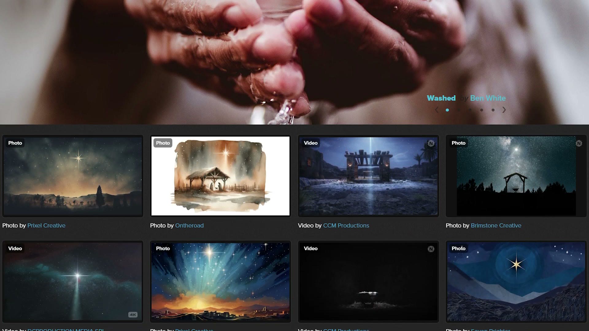 The Lightstock homepage, a Christian faith based stock photo and video site, with a search bar and trending terms like Jesus, Bible and Family
