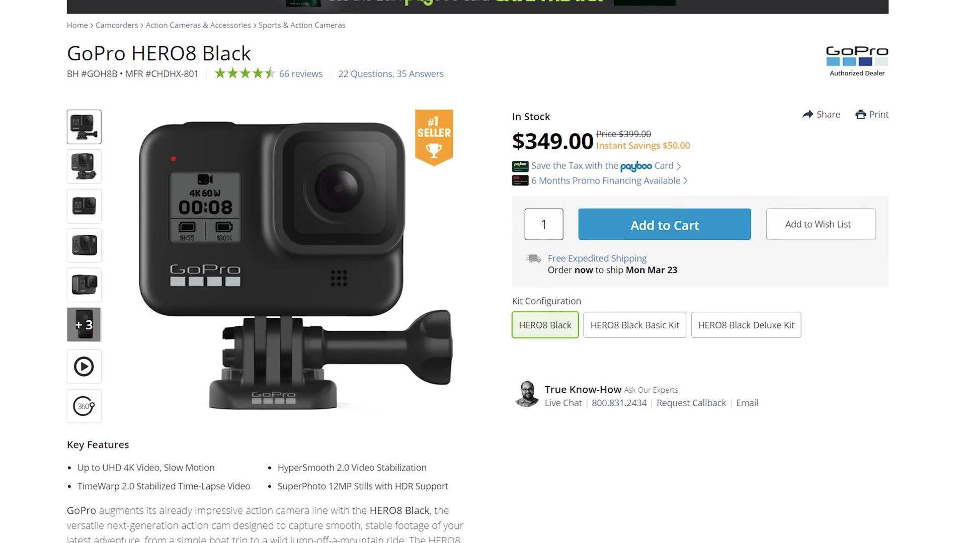 The B&H product page for the GoPro HERO8 Black, priced $349.00 down from $399.00.