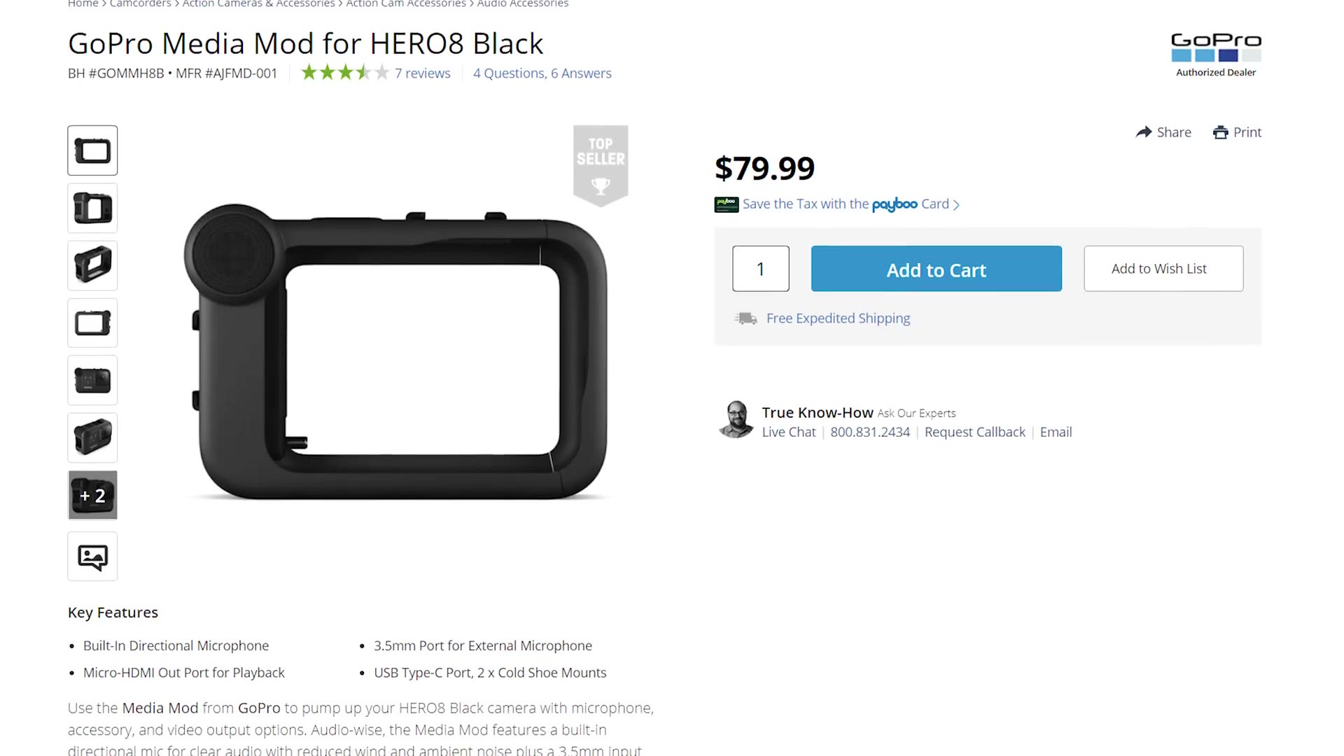 The B&H product page for the GoPro Media Mod for HERO8 Black, priced $79.99, listing a 3.5mm port for an external microphone.