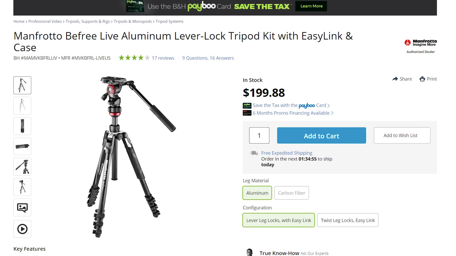 The B&H product page for the Manfrotto Befree Live aluminium lever-lock tripod kit with EasyLink and case, priced $199.88.