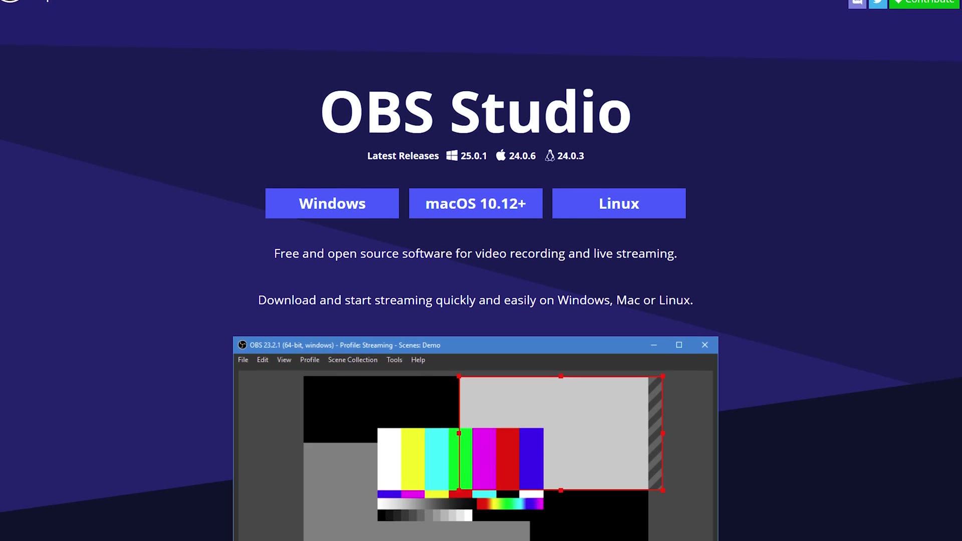 The OBS Studio homepage with download buttons for Windows, macOS and Linux.