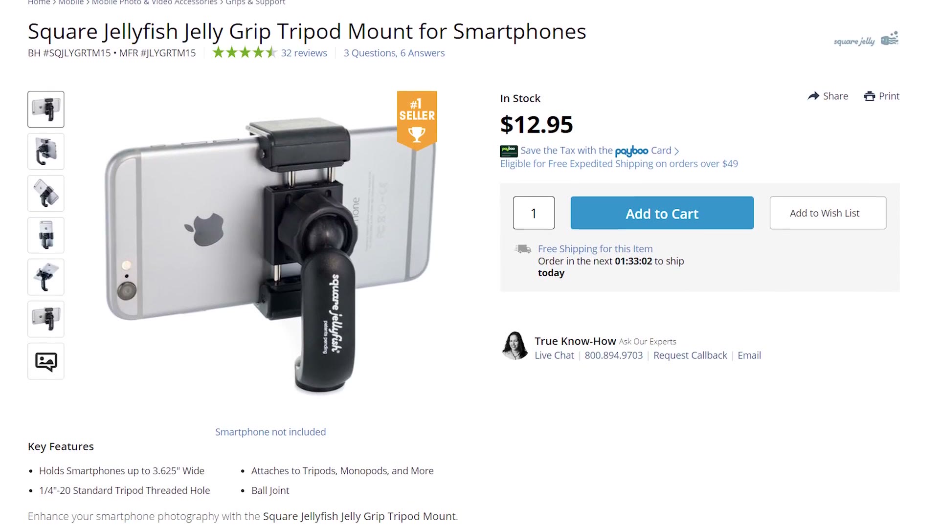 The B&H product page for the Square Jellyfish Jelly Grip tripod mount for smartphones, priced $12.95.