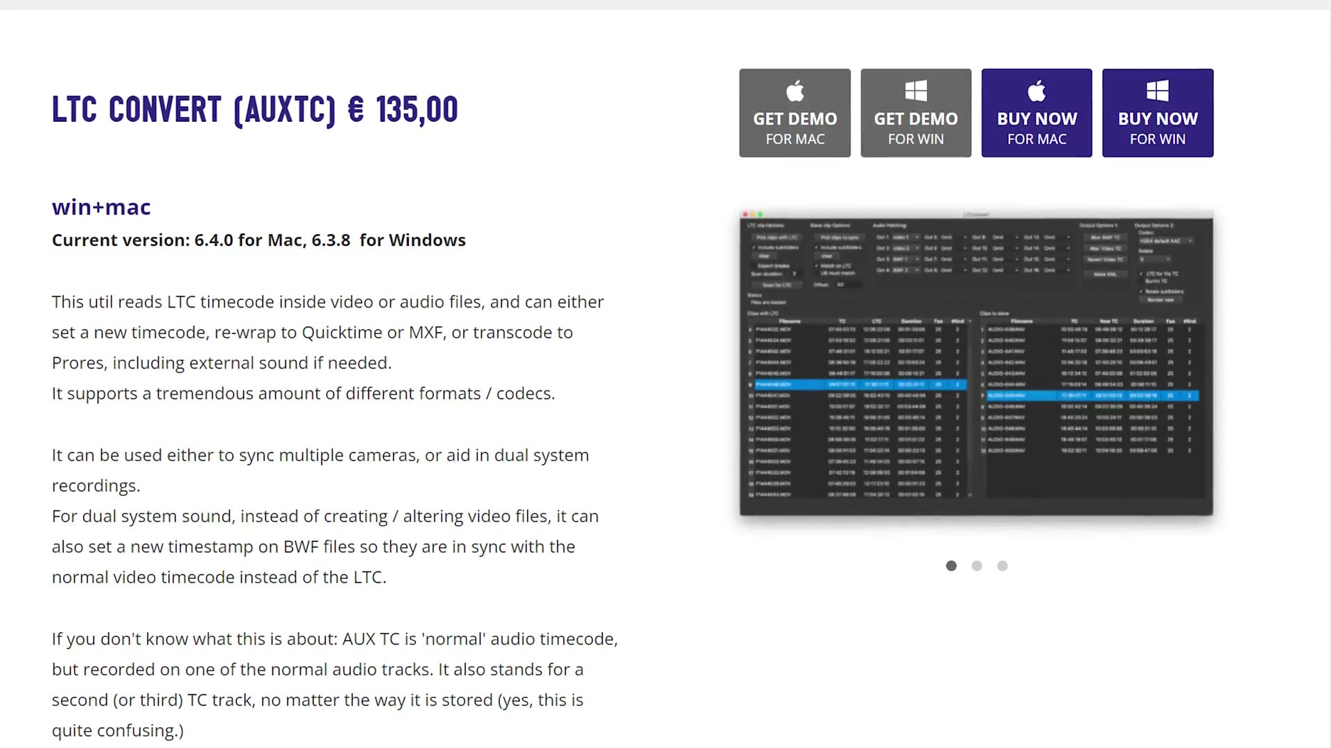 The VideoToolShed product page for LTC Convert AUXTC, priced at 135 euros