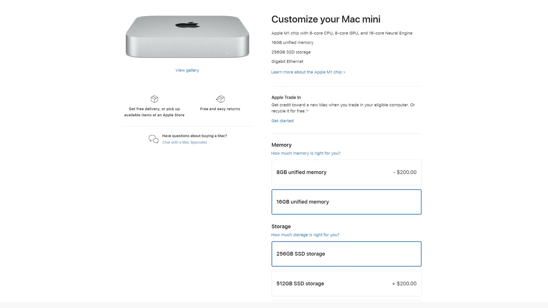 Apple M1 Mac mini configurator