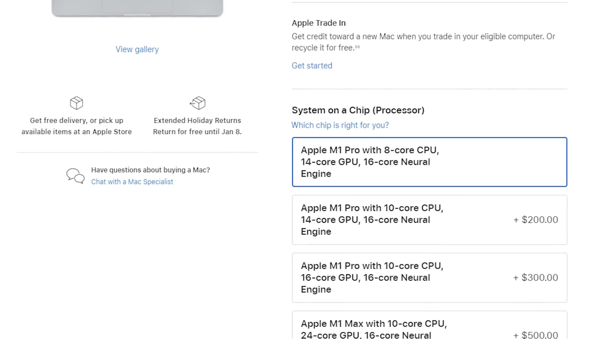 MacBook Pro chip options showing M1 Pro and M1 Max configurations