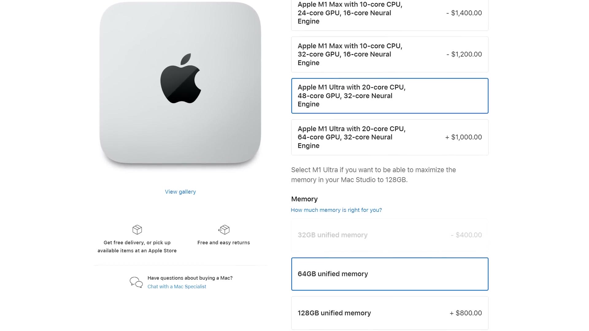 M1 Ultra with 20 core CPU and 48 core GPU selected in the configurator