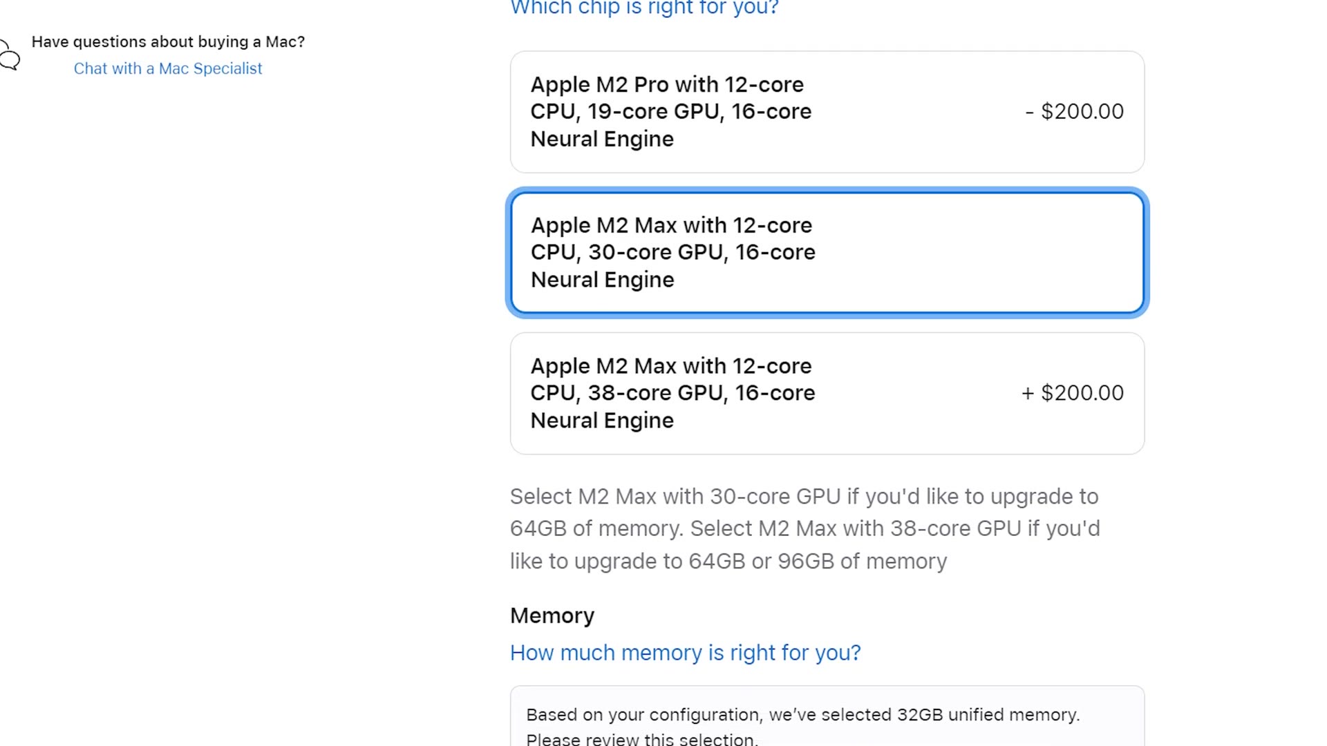 Apple configurator with the 12-core CPU, 30-core GPU M2 Max selected
