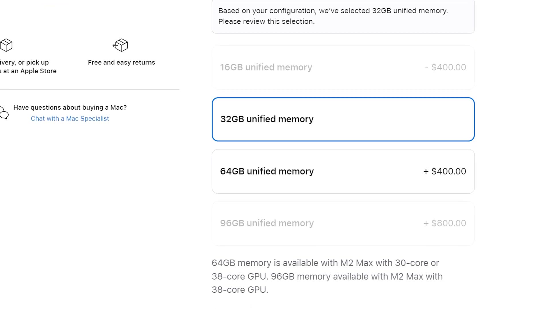 Apple configurator showing 32GB unified memory selected with 64GB and 96GB options above