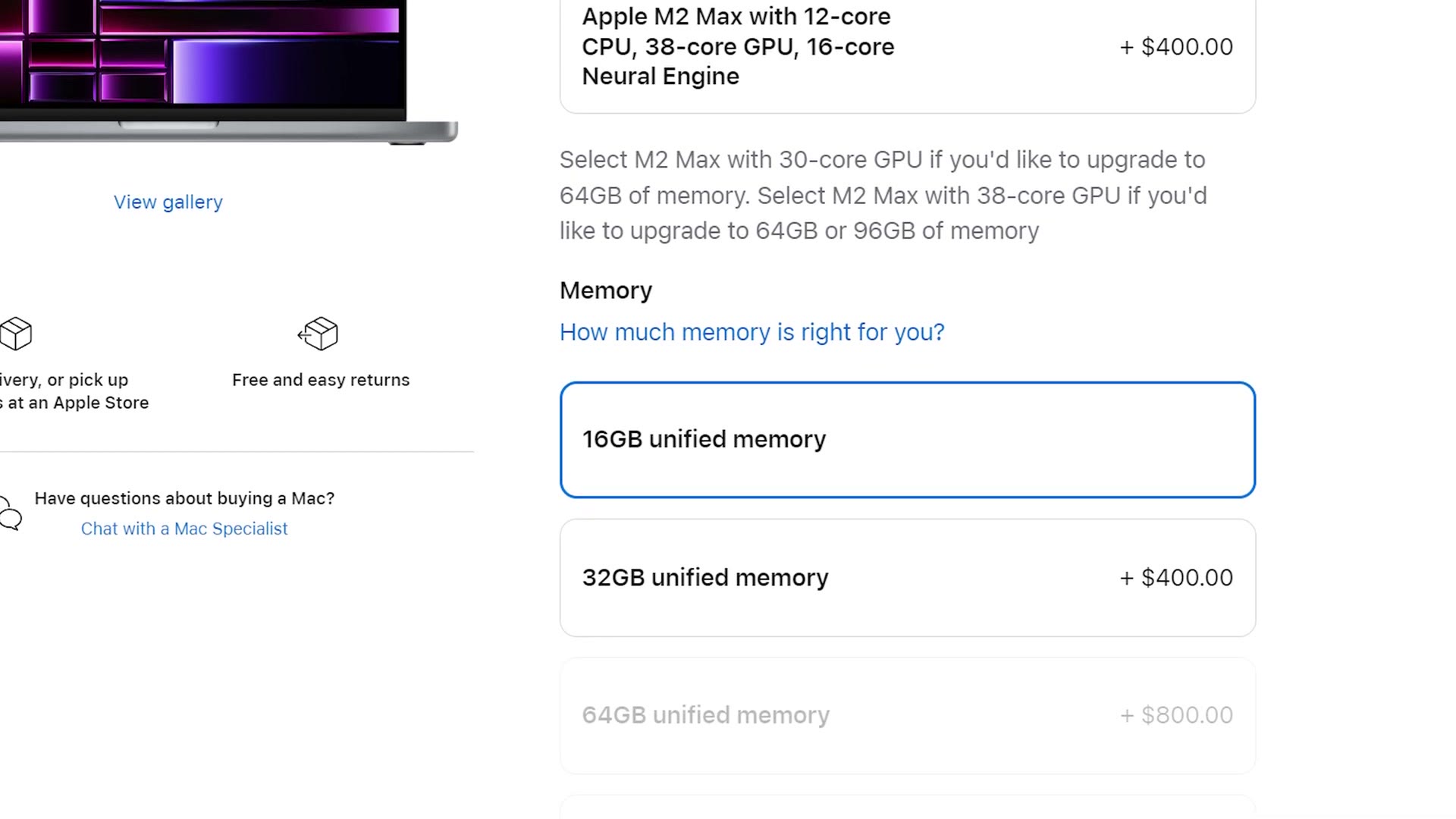 Apple configurator showing M2 Max chip and memory options