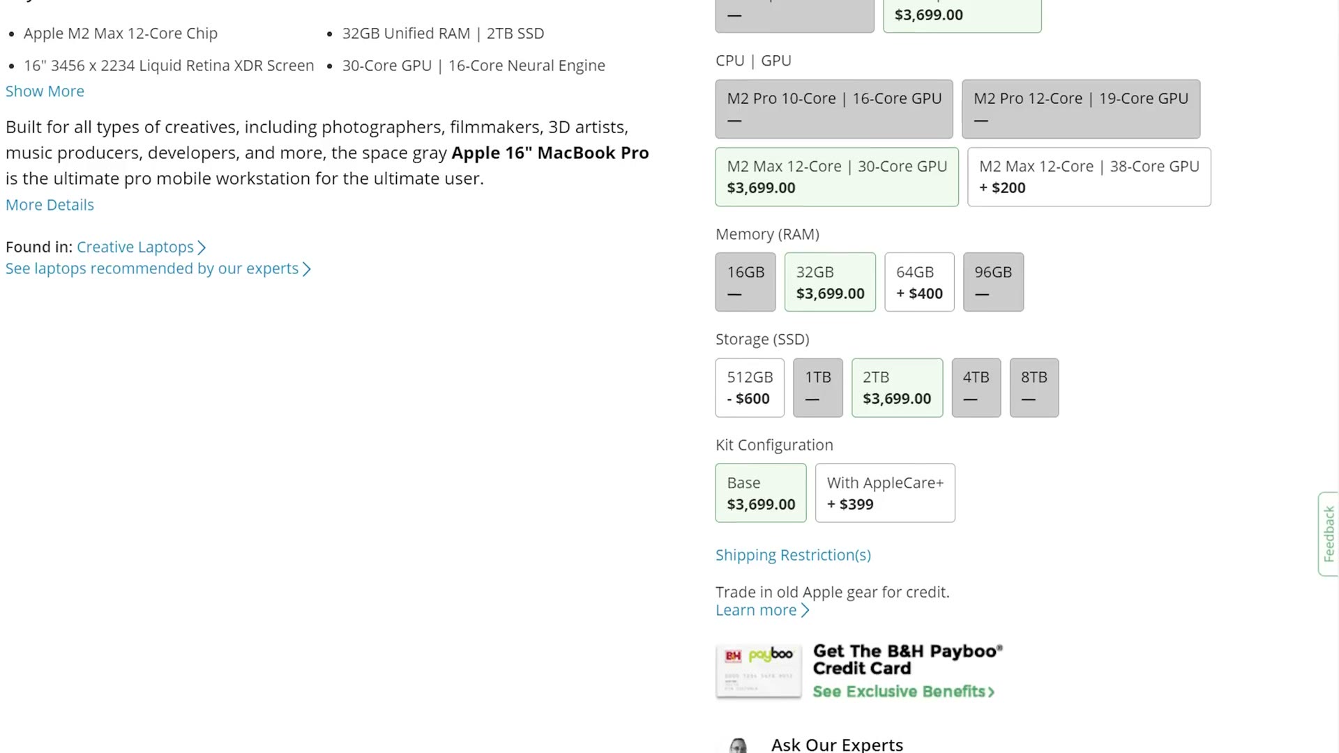 The B and H memory and storage configuration options for the 16 inch M2 Max MacBook Pro