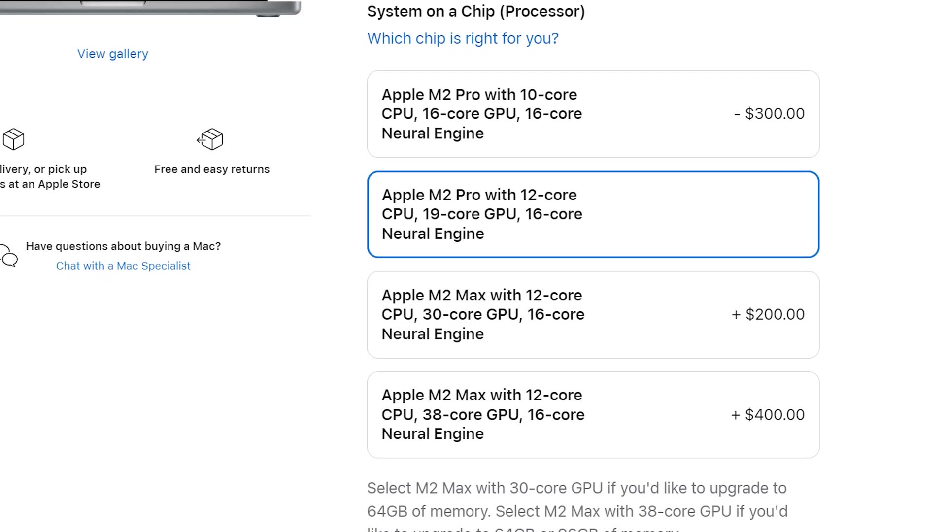 Apple configurator with the 12-core M2 Pro CPU option selected
