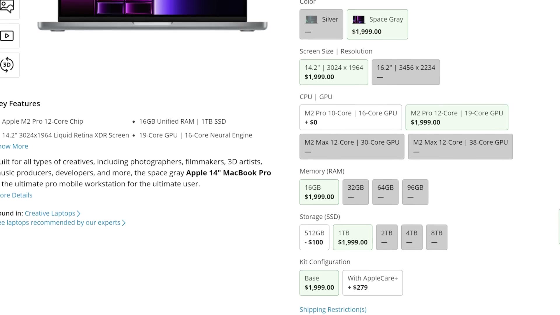 The B and H configuration grid showing M2 Pro 10-Core and 12-Core CPU options at different prices