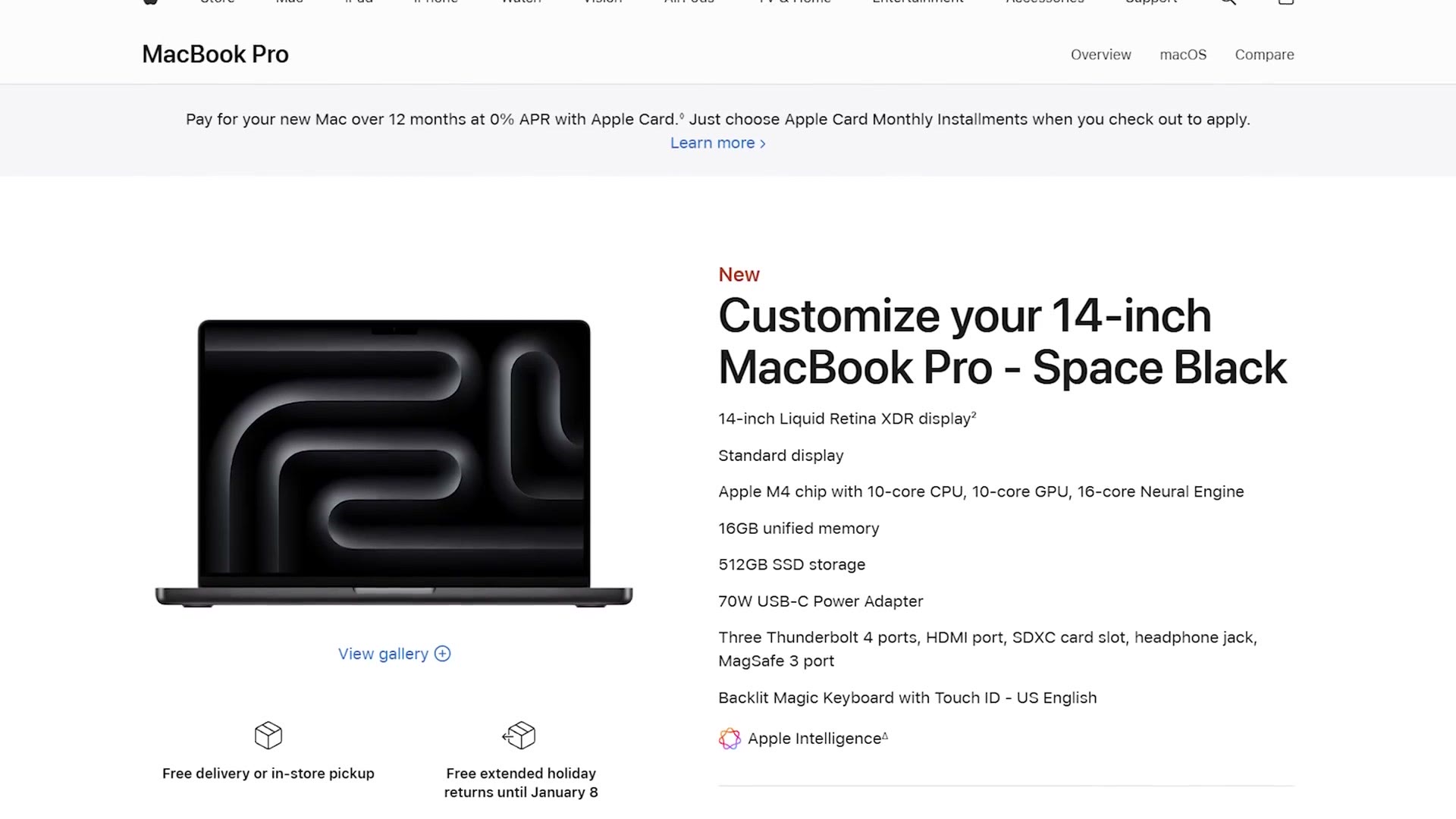 Apple configurator page for the base 14-inch M4 MacBook Pro in Space Black