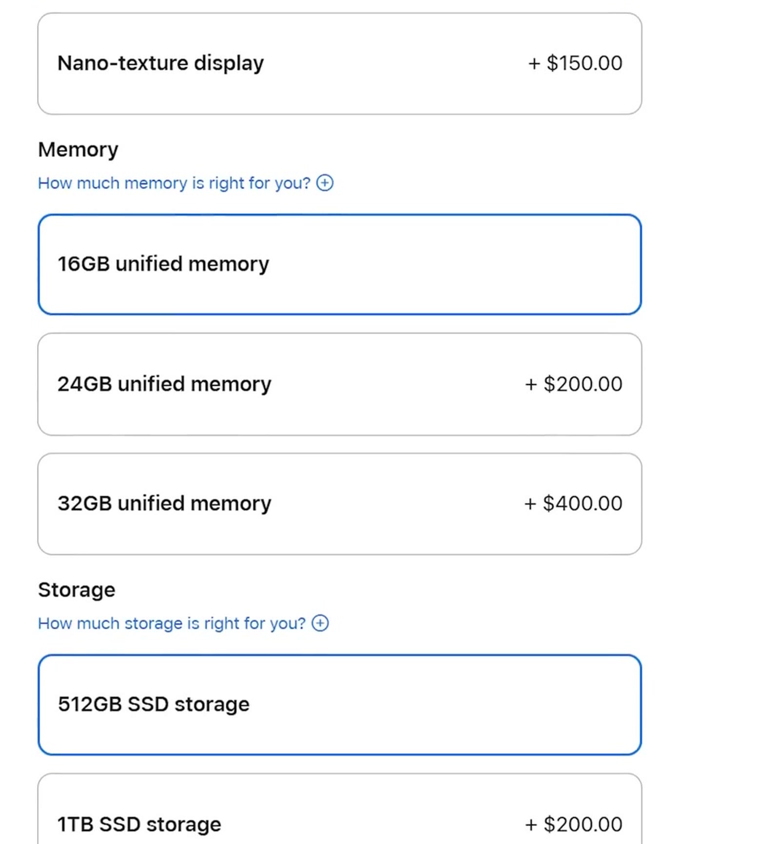 Apple configurator showing nano-texture display at $150, memory tiers at $200 and $400, and storage tiers