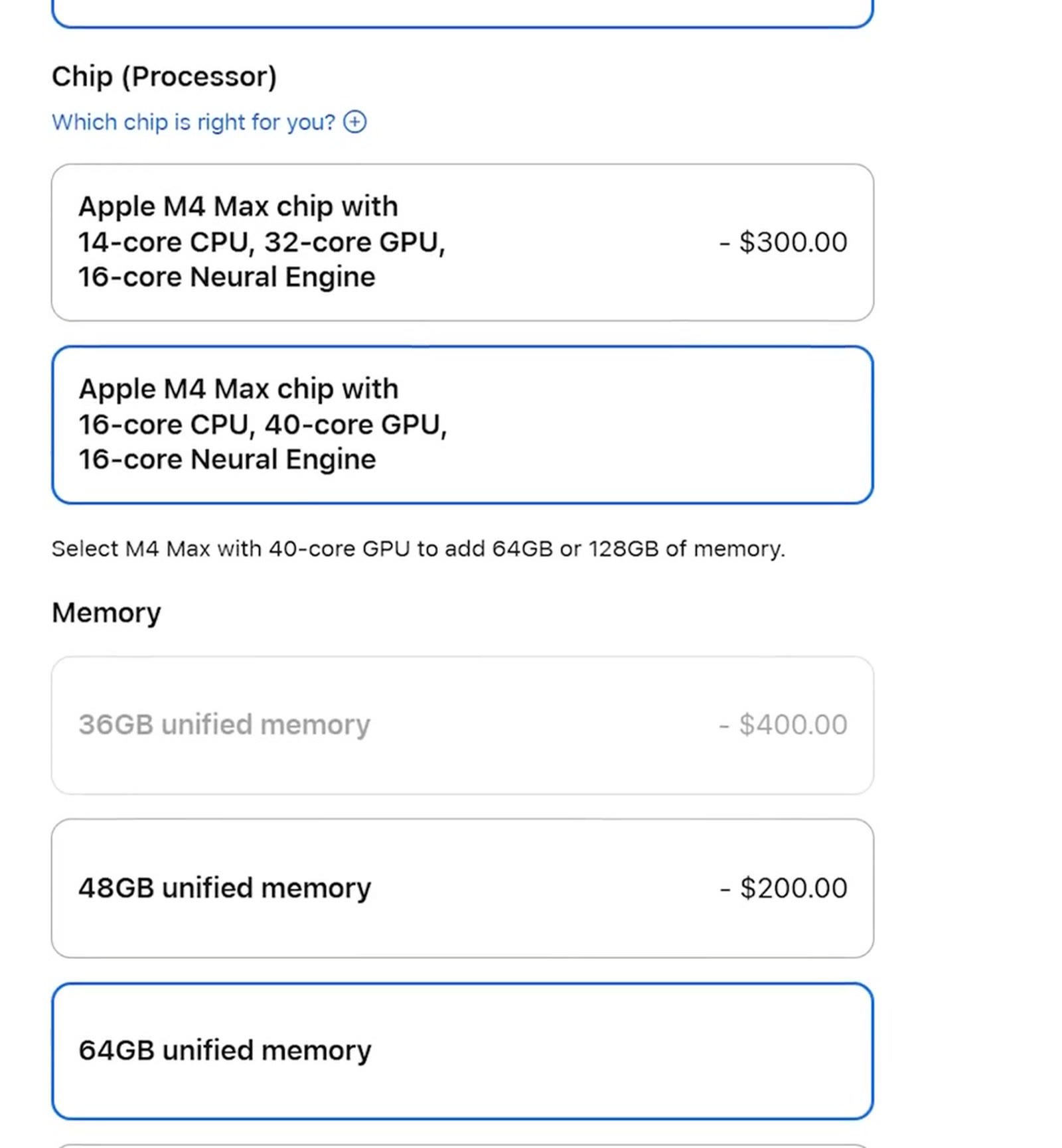 M4 Max configured with 64GB of unified memory after selecting the upgraded chip