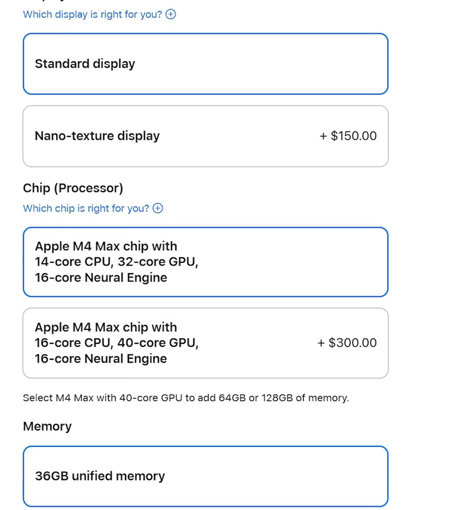 M4 Max chip options showing the 16-core CPU upgrade for $300 with a note about unlocking more memory