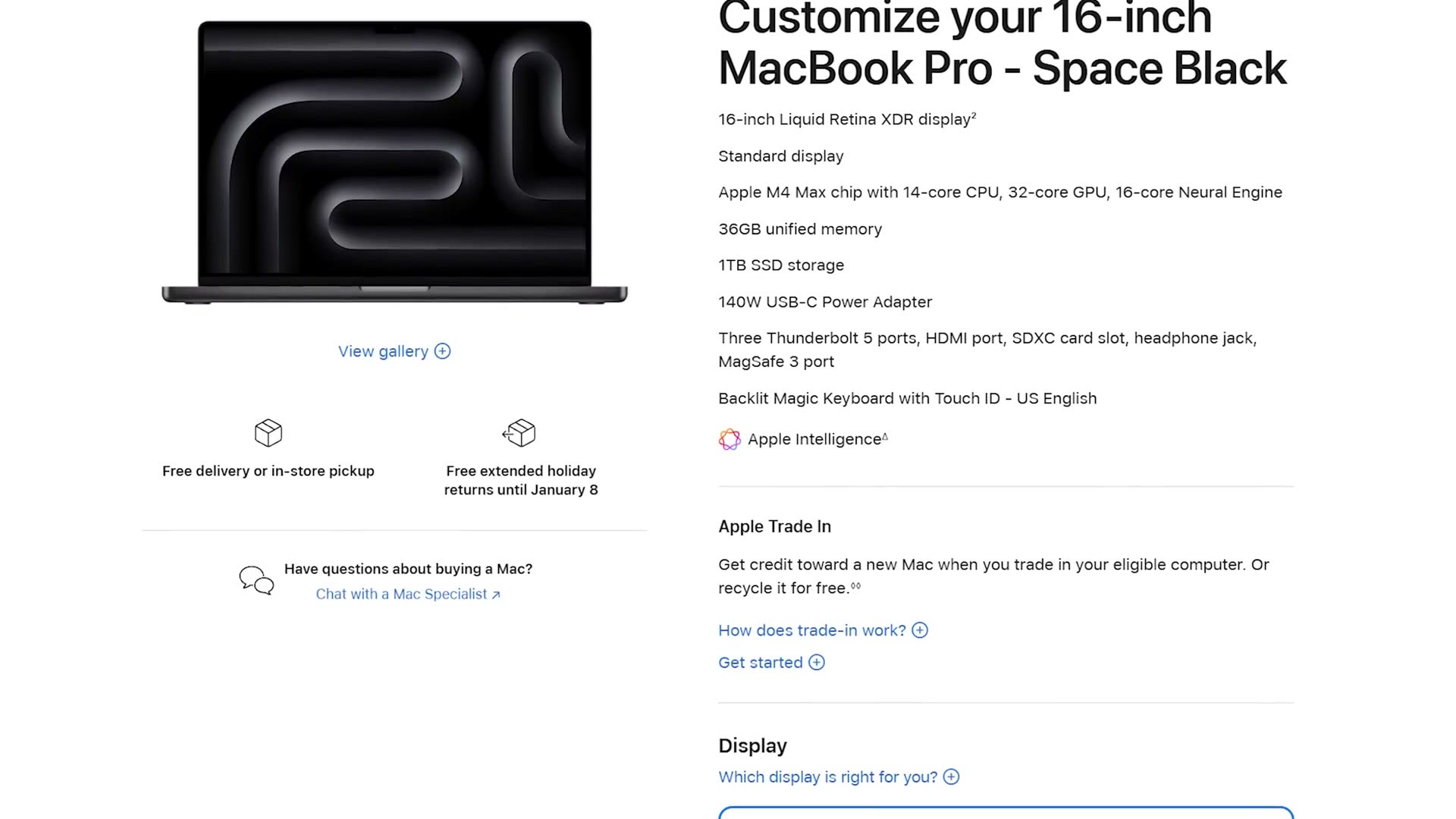 Apple configurator page for the 16-inch MacBook Pro with the M4 Max chip