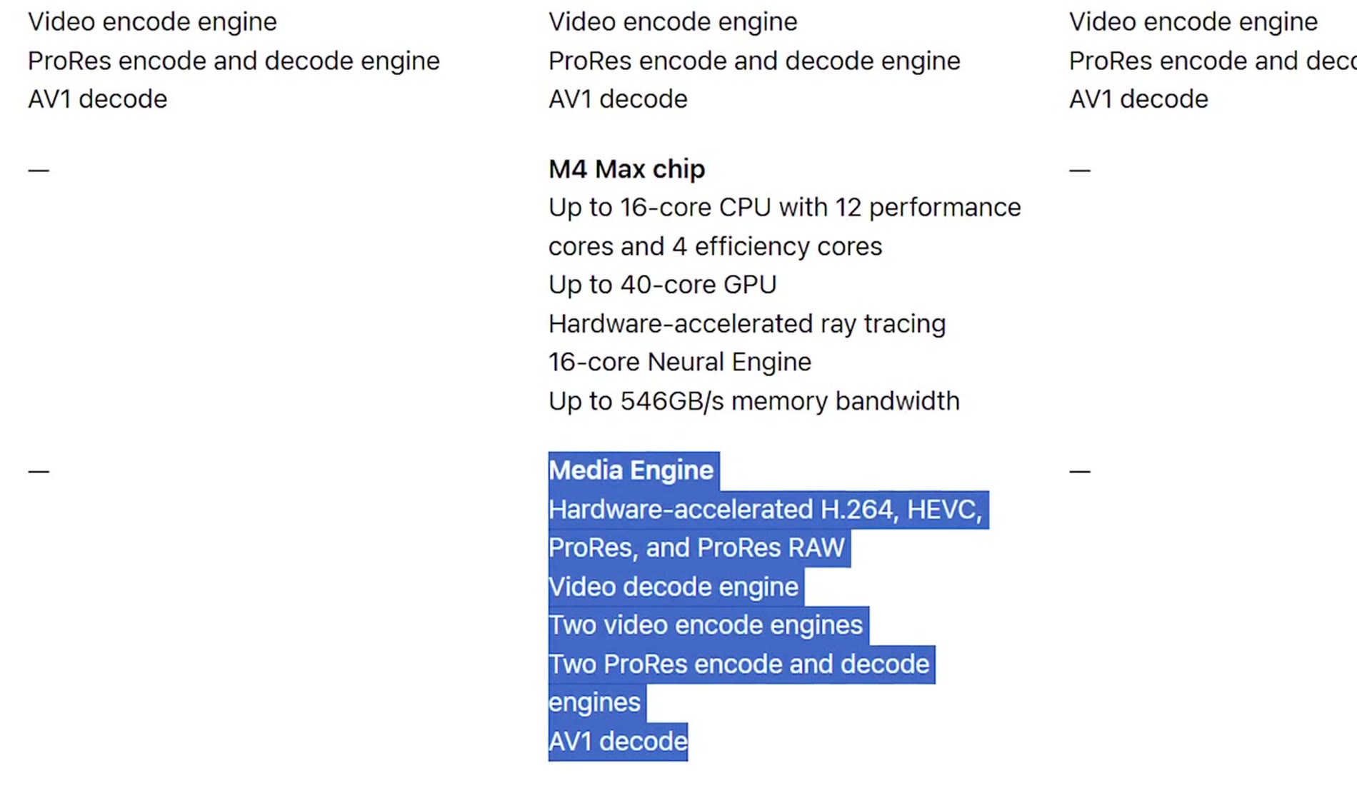 Apple tech spec comparison highlighting the M4 Max media engine with two video encode engines