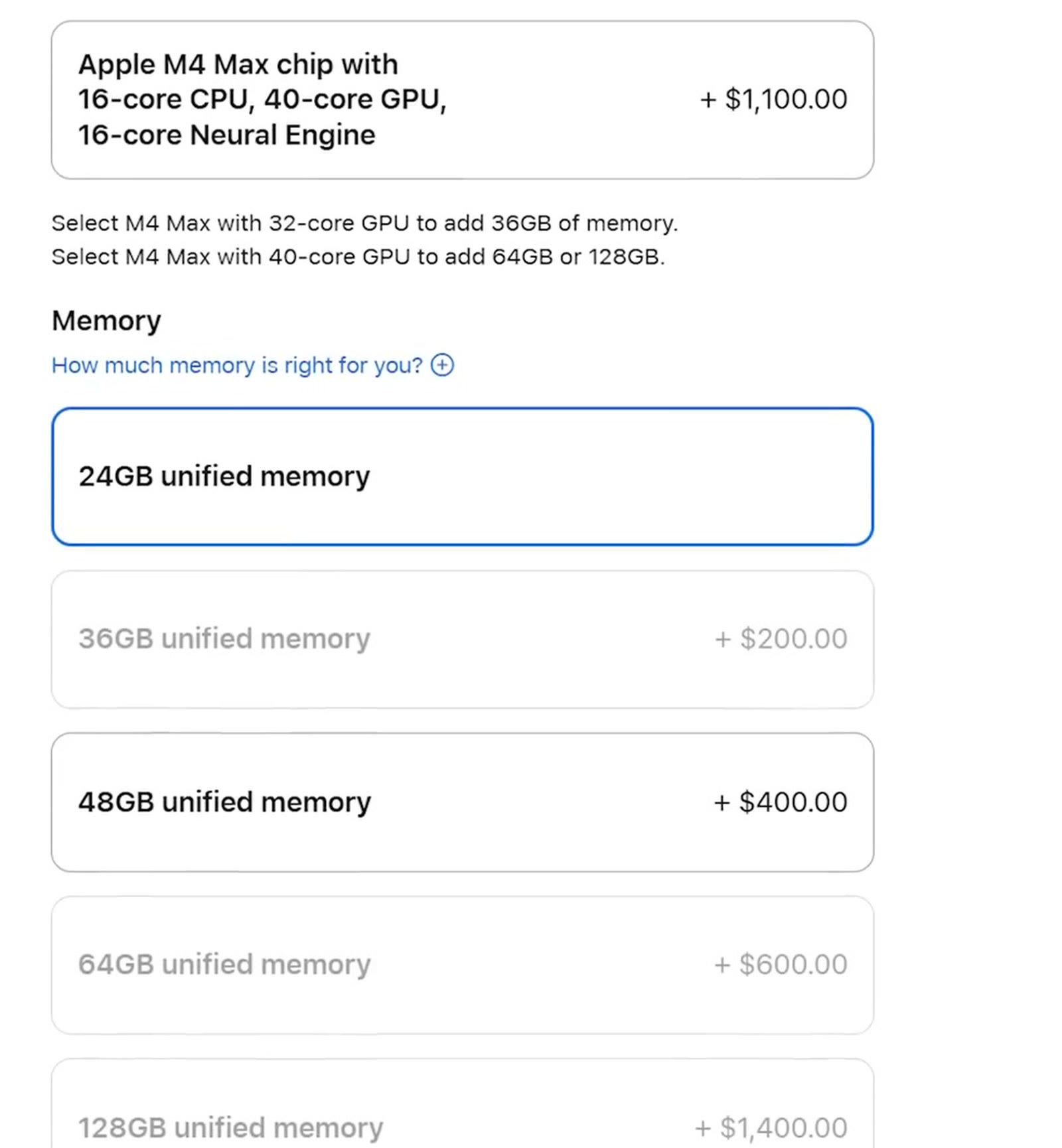 M4 Pro memory options showing 24GB base, 48GB for $400, and the M4 Max chip upgrade for $1,100